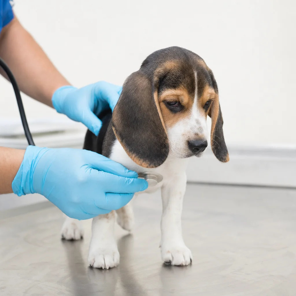 Veterinár počúva srdce šteniatka bígla fonendoskopom